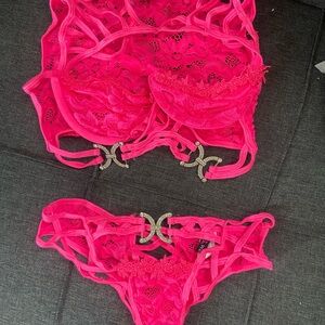 Hot Pink Lace Strappy Bra & Panty Set